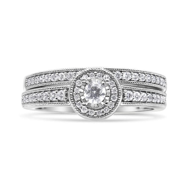 .925 Sterling Silver 1/2 Ctw Diamond Halo and Milgrain Engagement Ring Bridal Set (I-J Color, I3 Clarity)
