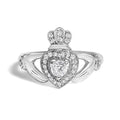 14K white gold Claddagh ring with heart diamond stones in pave setting