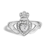 14K white gold Claddagh ring with heart diamond stones in pave setting thumbnail 1