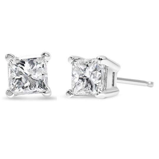 14K white gold stud earrings with princess-cut diamonds in 4-prong setting