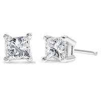 AGS Certified 14k Gold 4-Prong Set Princess-Cut Solitaire Diamond Push Back Stud Earrings (I-J Color, SI2-I1 Clarity)