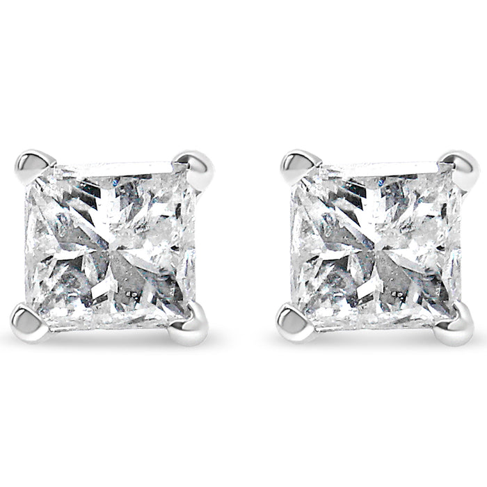 AGS Certified 14k Gold 4-Prong Set Princess-Cut Solitaire Diamond Push Back Stud Earrings (I-J Color, SI2-I1 Clarity)