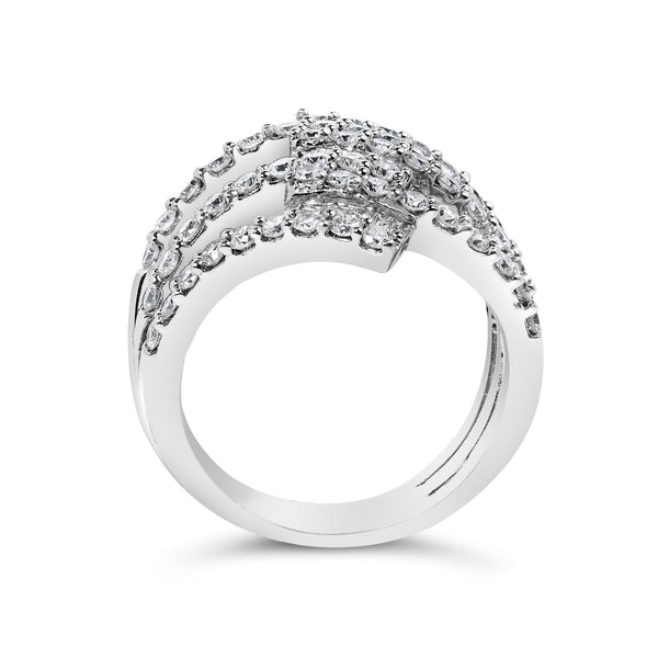 18K White Gold 1 3/4 Cttw Diamond Multi Crossover and Split Shank Cocktail Ring