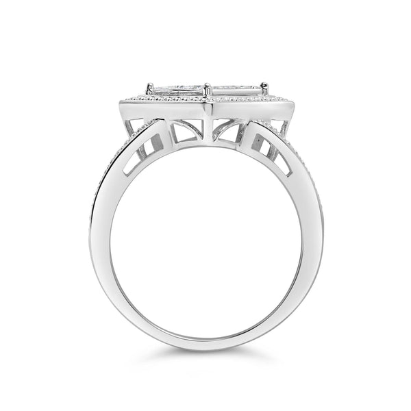 .925 Sterling Silver 1/3 Cttw Invisible Set Princess-Cut Diamond Rhombus and Beaded Halo Ring (H-I Color, SI1-SI2 Clarity)