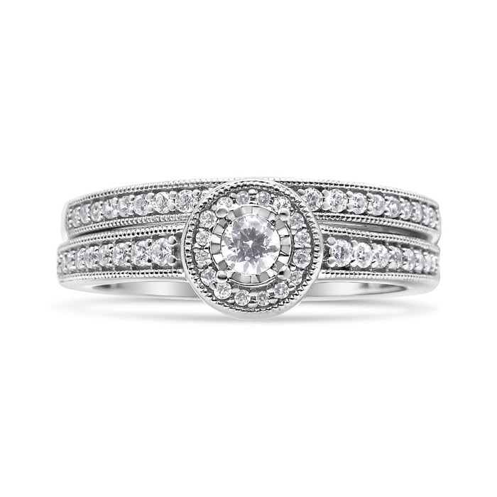 .925 Sterling Silver 1/2 Ctw Diamond Halo and Milgrain Engagement Ring Bridal Set (I-J Color, I3 Clarity)