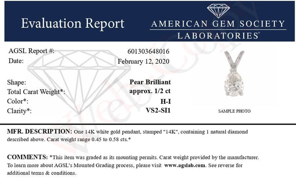 AGS Certified 14K White Gold 1/2 Cttw Diamond Pear 18