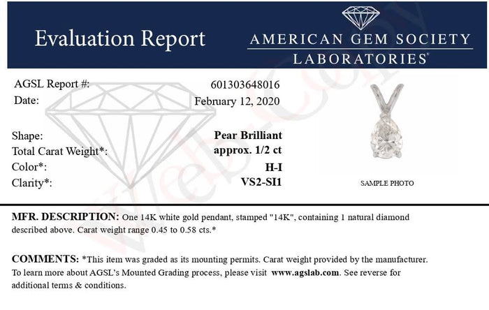 AGS Certified 14K White Gold 1/2 Cttw Diamond Pear 18
