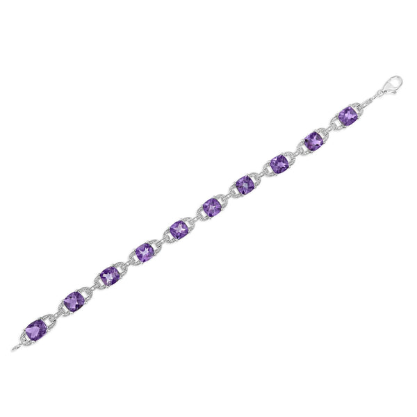 .925 Sterling Silver 7mm Cushion Cut Amethyst Gemstone and Diamond Tennis Link Bracelet (I-J Color, I1-I2 Clarity) - Size 7