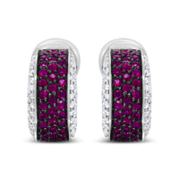 18K White Gold and Black Rhodium Plated 3/4 Cttw Round Diamonds and 1mm Round Red Ruby Huggie Hoop Earrings (F-G Color, VS1-VS2 Clarity)