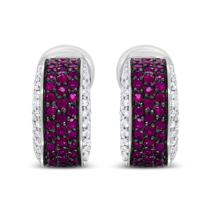 18K White Gold and Black Rhodium Plated 3/4 Cttw Round Diamonds and 1mm Round Red Ruby Huggie Hoop Earrings (F-G Color, VS1-VS2 Clarity)
