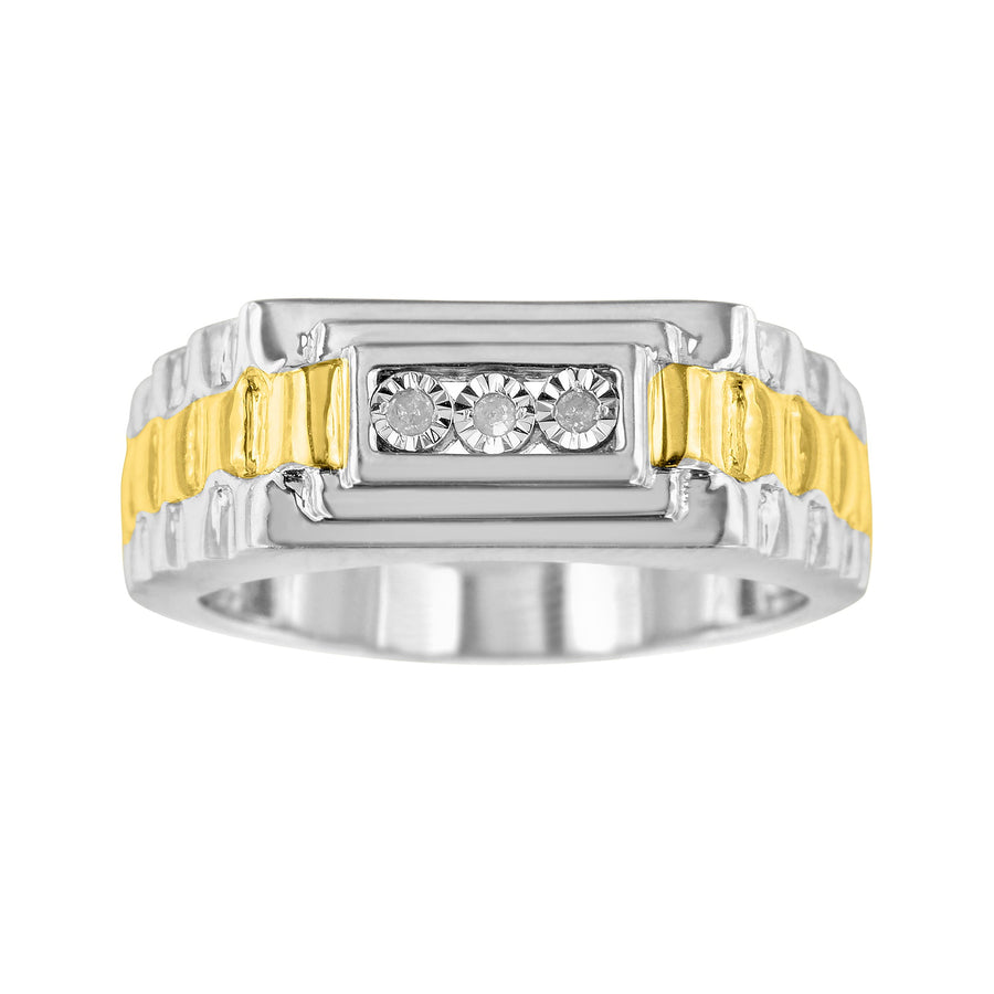 10K Yellow Gold Plated .925 Sterling Silver Diamond Accent Miracle-Set 3 Stone Ridged Band Gentlemen's Fashion Ring (I-J Color, I2-I3 Clarity)