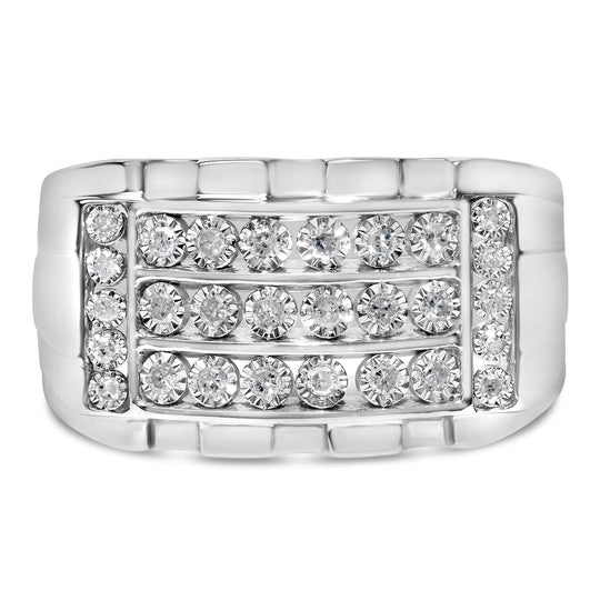 925 sterling silver ring with three rows of round channel-set diamonds