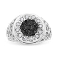 925 sterling silver ring with white and black diamond halo cluster