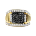 14K yellow gold men's ring with white and black cluster diamond stones