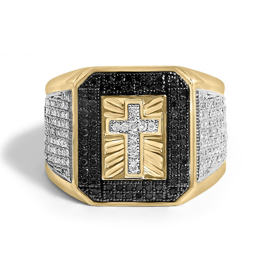 Men's 10K Yellow Gold 1 1/2 Cttw White and Black Diamond Cross Signet Ring-0