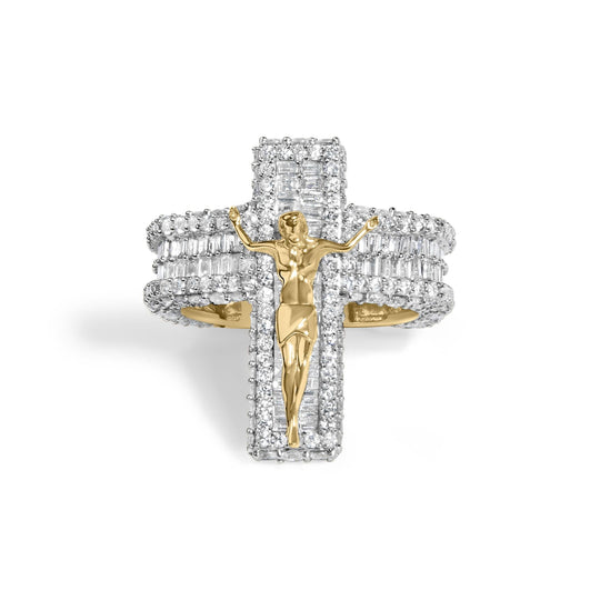 Men's 10K Yellow Gold 5-2/5 Cttw Diamond Jesus Crucifix Cross Cocktail Ring-0