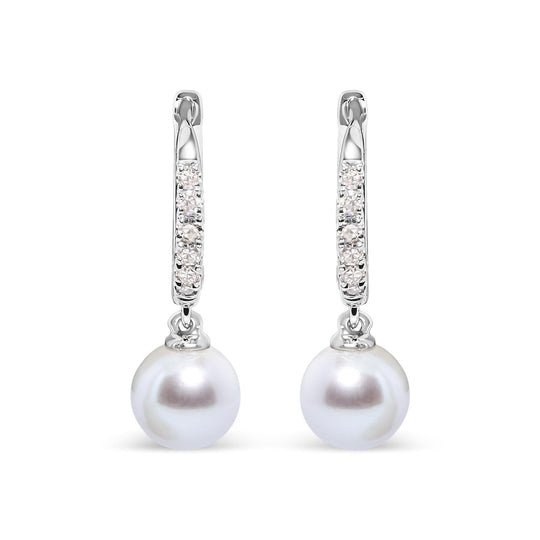 10K White Gold 6x6 MM Cultured Freshwater Pearl and Diamond Accent Drop Huggy Earring (H-I Color, I1-I2 Clarity)-0