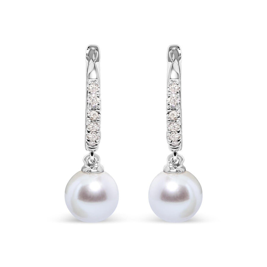 10K White Gold 6x6 MM Cultured Freshwater Pearl and Diamond Accent Drop Huggy Earring (H-I Color, I1-I2 Clarity)