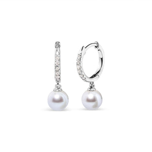 10K White Gold 6x6 MM Cultured Freshwater Pearl and Diamond Accent Drop Huggy Earring (H-I Color, I1-I2 Clarity)-1