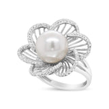 14K White Gold 11mm Round Pearl and 1/3 Cttw Round Diamond Openwork Flower Blossom Ring (H-I Color, VS1-VS2 Clarity)-3 thumbnail 4
