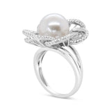 14K White Gold 11mm Round Pearl and 1/3 Cttw Round Diamond Openwork Flower Blossom Ring (H-I Color, VS1-VS2 Clarity)-4 thumbnail 5