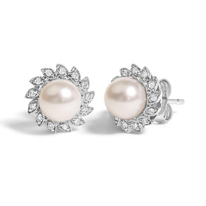 10K White Gold Heirloom-Style Pearl and Diamond Accent Halo Stud Earrings (I-J color, I1-I2 Clarity)-1