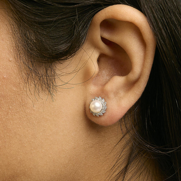 10K White Gold Heirloom-Style Pearl and Diamond Accent Halo Stud Earrings (I-J color, I1-I2 Clarity)