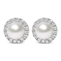 10K white gold stud earrings with pear diamond halo around freshwater pearl