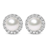 10K white gold stud earrings with pear diamond halo around freshwater pearl thumbnail 1