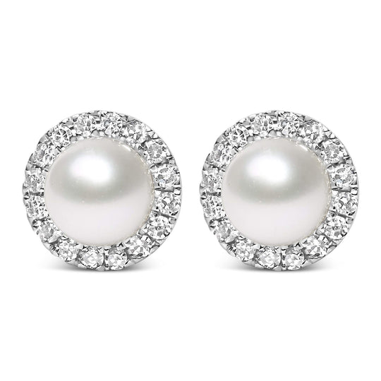 10K White Gold 4.5mm Cultured Freshwater Pearl and 1/7 Cttw Diamond Halo Stud Earring (I-J Color, I1-I2 Clarity)-0