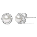 10K White Gold 4.5mm Cultured Freshwater Pearl and 1/7 Cttw Diamond Halo Stud Earring (I-J Color, I1-I2 Clarity)-1 thumbnail 2
