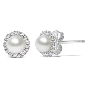 10K White Gold 4.5mm Cultured Freshwater Pearl and 1/7 Cttw Diamond Halo Stud Earring (I-J Color, I1-I2 Clarity)-1