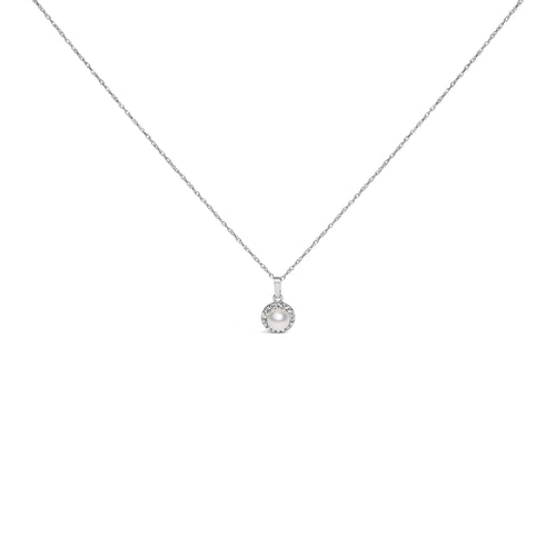 10K White Gold 5MM Cultured Pearl and Diamond Accent Halo Pendant Necklace