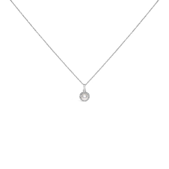 10K White Gold 5MM Cultured Pearl and Diamond Accent Halo Pendant Necklace-0