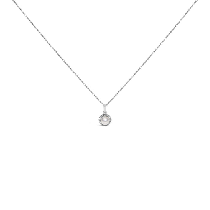 10K White Gold 5MM Cultured Pearl and Diamond Accent Halo Pendant Necklace