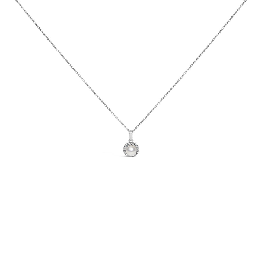 10K White Gold 5MM Cultured Pearl and Diamond Accent Halo Pendant Necklace
