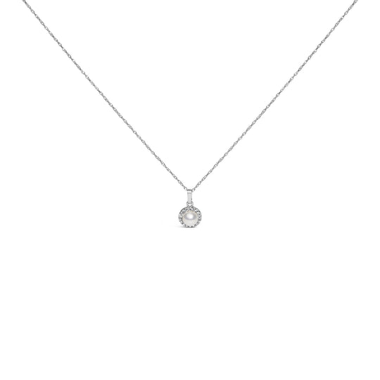 10K White Gold 5MM Cultured Pearl and Diamond Accent Halo Pendant Necklace-0