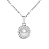 10K White Gold 5MM Cultured Pearl and Diamond Accent Halo Pendant Necklace-1 thumbnail 2