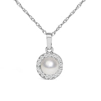 10K White Gold 5MM Cultured Pearl and Diamond Accent Halo Pendant Necklace