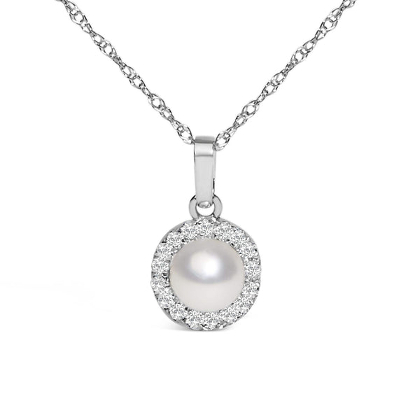 10K White Gold 5MM Cultured Pearl and Diamond Accent Halo Pendant Necklace