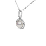 10K White Gold 5MM Cultured Pearl and Diamond Accent Halo Pendant Necklace-3 thumbnail 4
