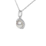 10K White Gold 5MM Cultured Pearl and Diamond Accent Halo Pendant Necklace-3 thumbnail 4
