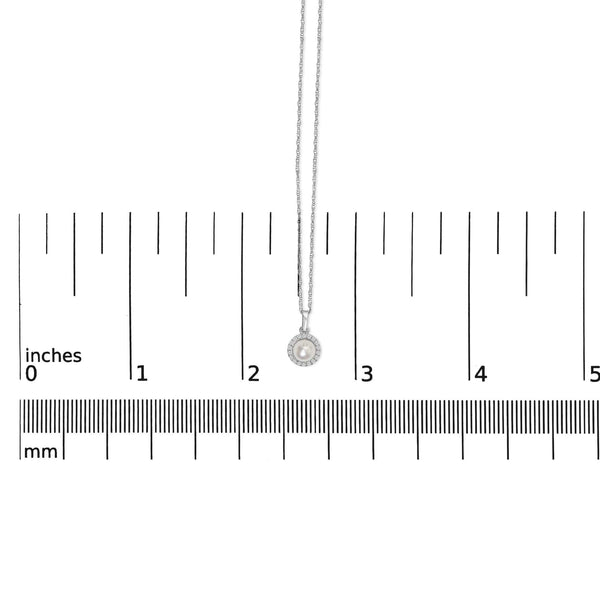 10K White Gold 5MM Cultured Pearl and Diamond Accent Halo Pendant Necklace