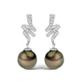 14K white gold drop earrings with pear diamond and black pearl stones