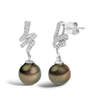 14K White Gold 9MM Cultured Black Pearl and Diamond Accent Drop and Dangle Earrings (I-J Color, SI1-SI2 Clarity)