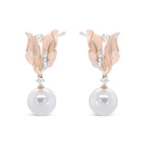 14K Rose Gold 1/6 Cttw Round Diamond and 8mm Round Pearl Floral Drop Stud Earrings (H-I Color, I1-I2 Clarity)-1 thumbnail 2