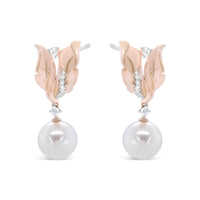 14K Rose Gold 1/6 Cttw Round Diamond and 8mm Round Pearl Floral Drop Stud Earrings (H-I Color, I1-I2 Clarity)