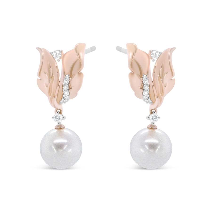 14K Rose Gold 1/6 Cttw Round Diamond and 8mm Round Pearl Floral Drop Stud Earrings (H-I Color, I1-I2 Clarity)