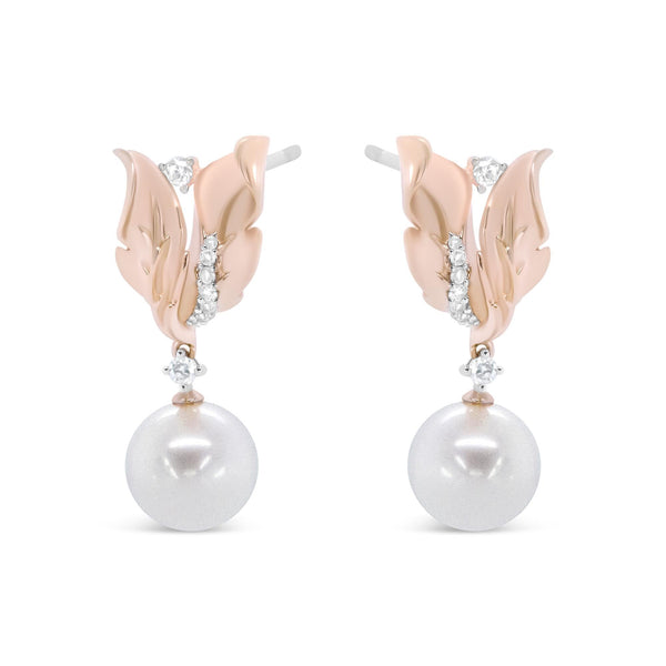 14K Rose Gold 1/6 Cttw Round Diamond and 8mm Round Pearl Floral Drop Stud Earrings (H-I Color, I1-I2 Clarity)