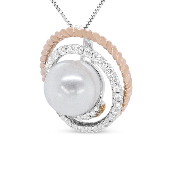 14K Rose and White Gold 3/8 Cttw Pave Diamond and 9mm Round Pearl Spiral Openwork 18